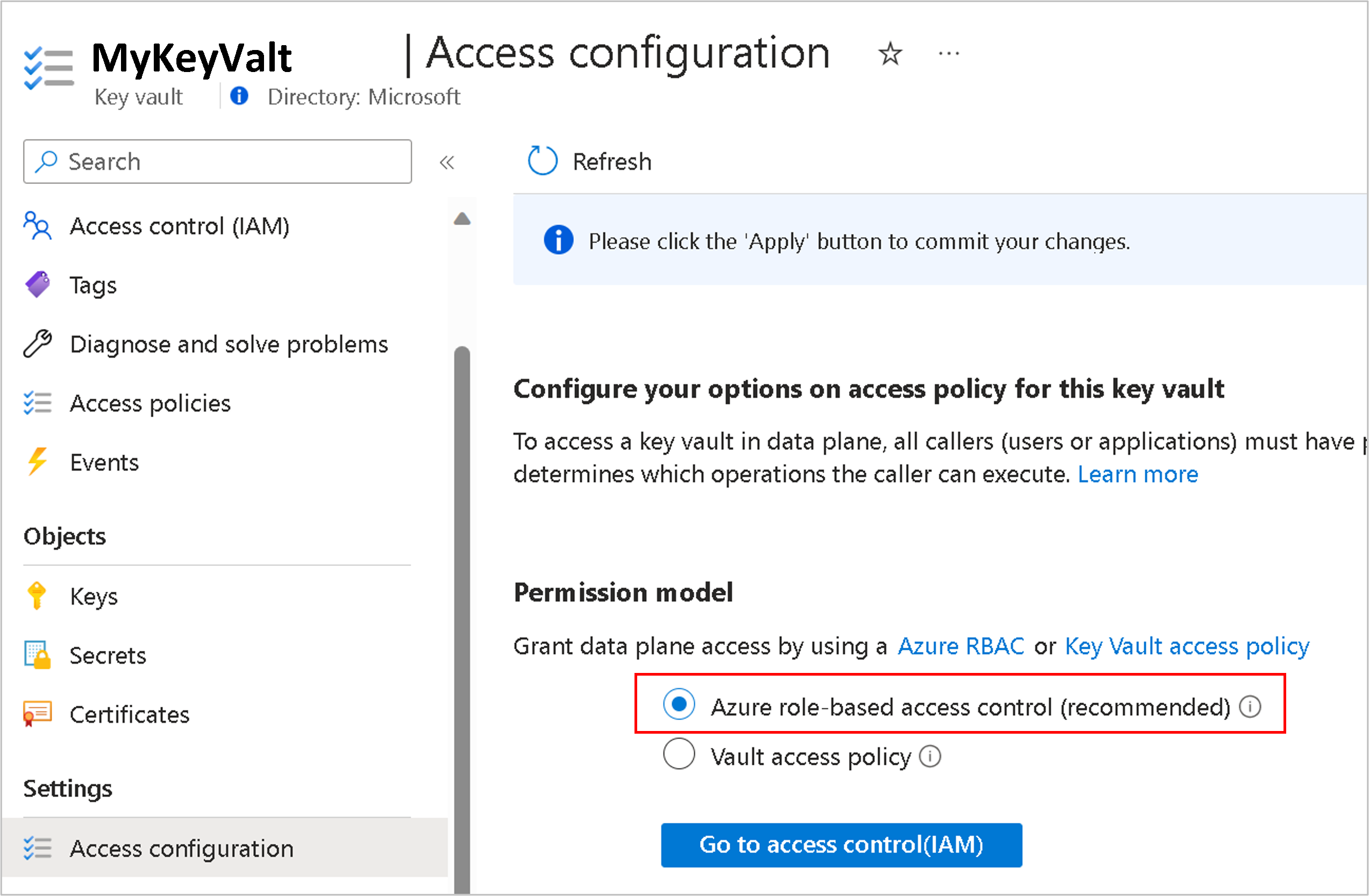 Screenshot of Grant Key Vault RBAC permissions.