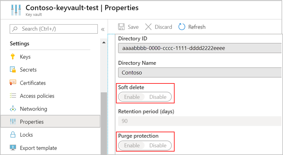 Screenshot of soft delete and purge protection settings.