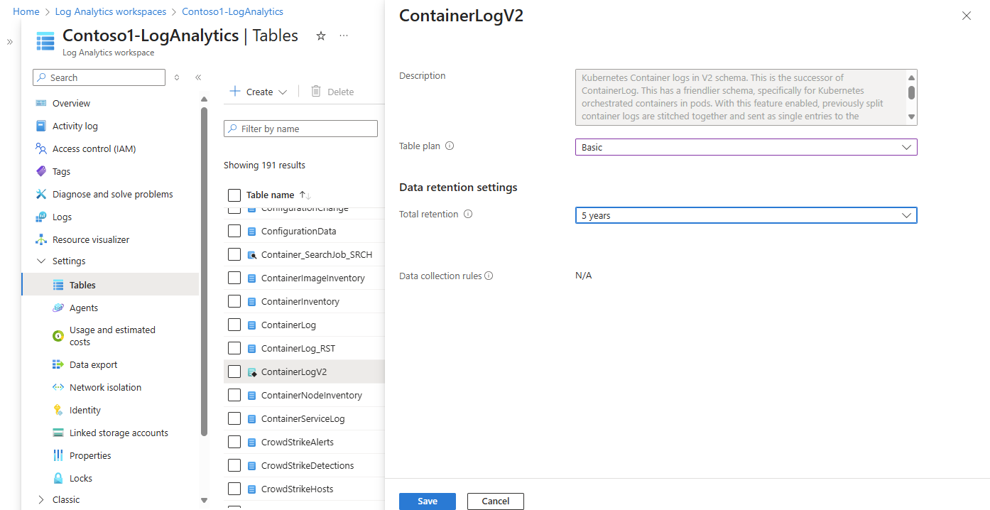 Screenshot that shows the data retention settings on the table configuration screen.