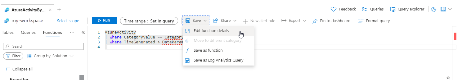 Screenshot that shows editing a function.