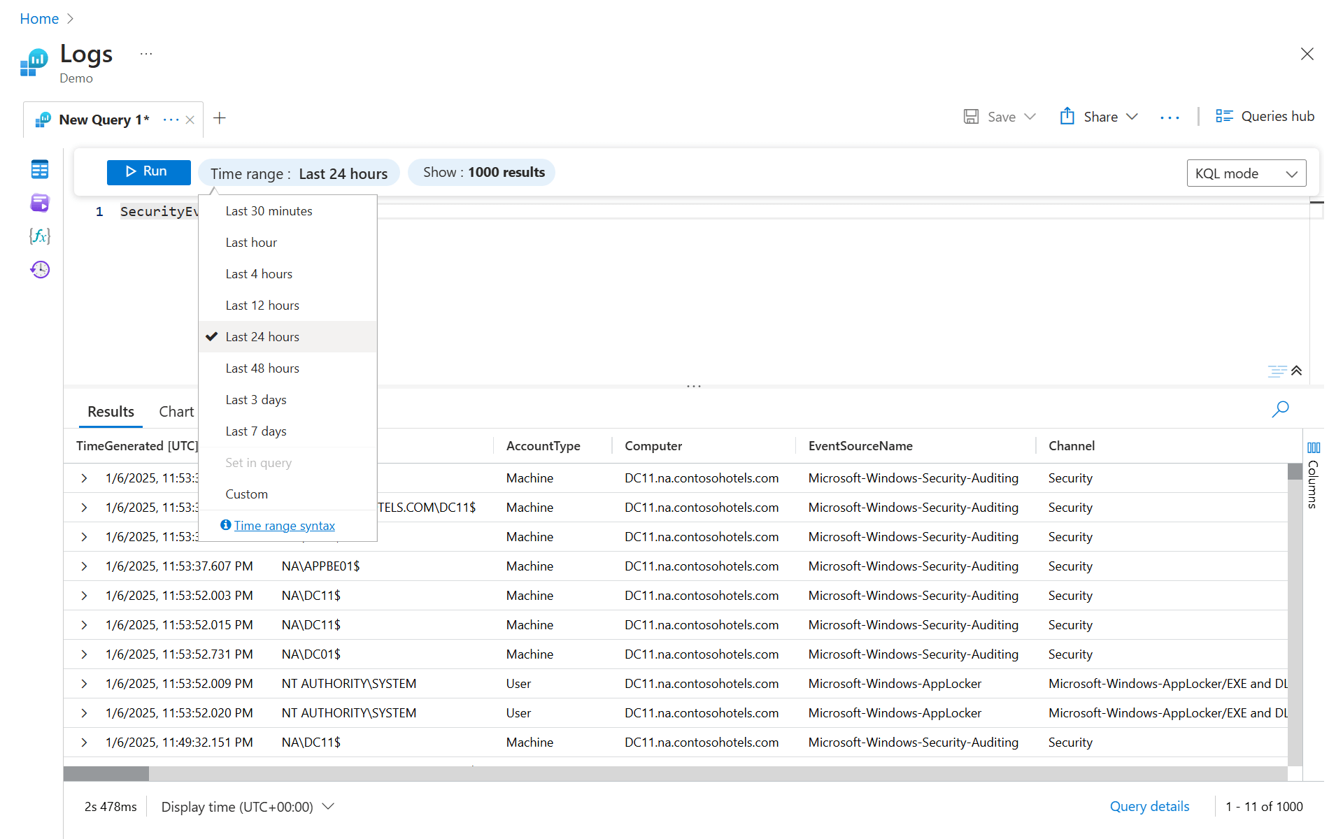 Screenshot that shows the time picker and its list of time-range commands in KQL mode.