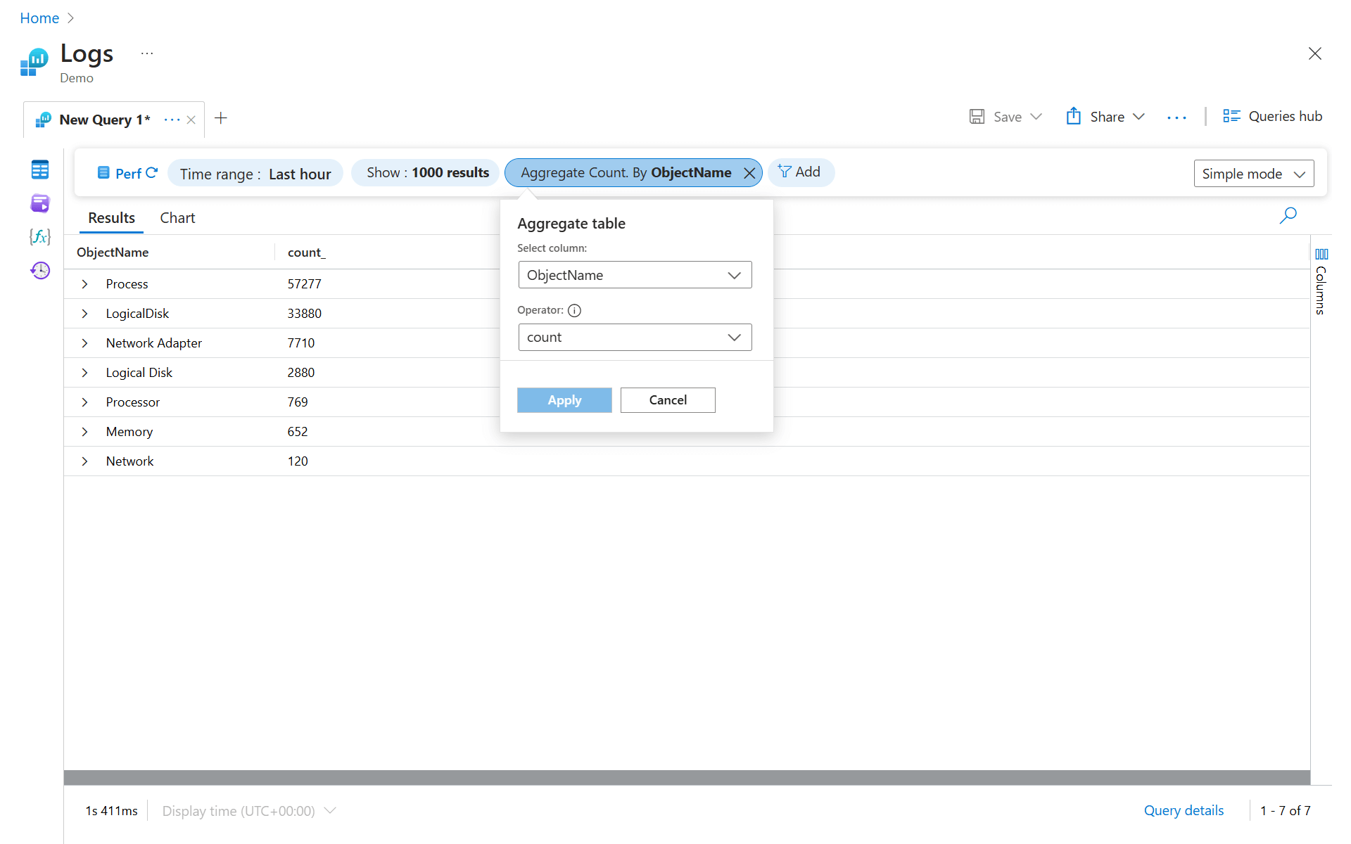 Screenshot that shows the selected values for aggregations in simple mode.