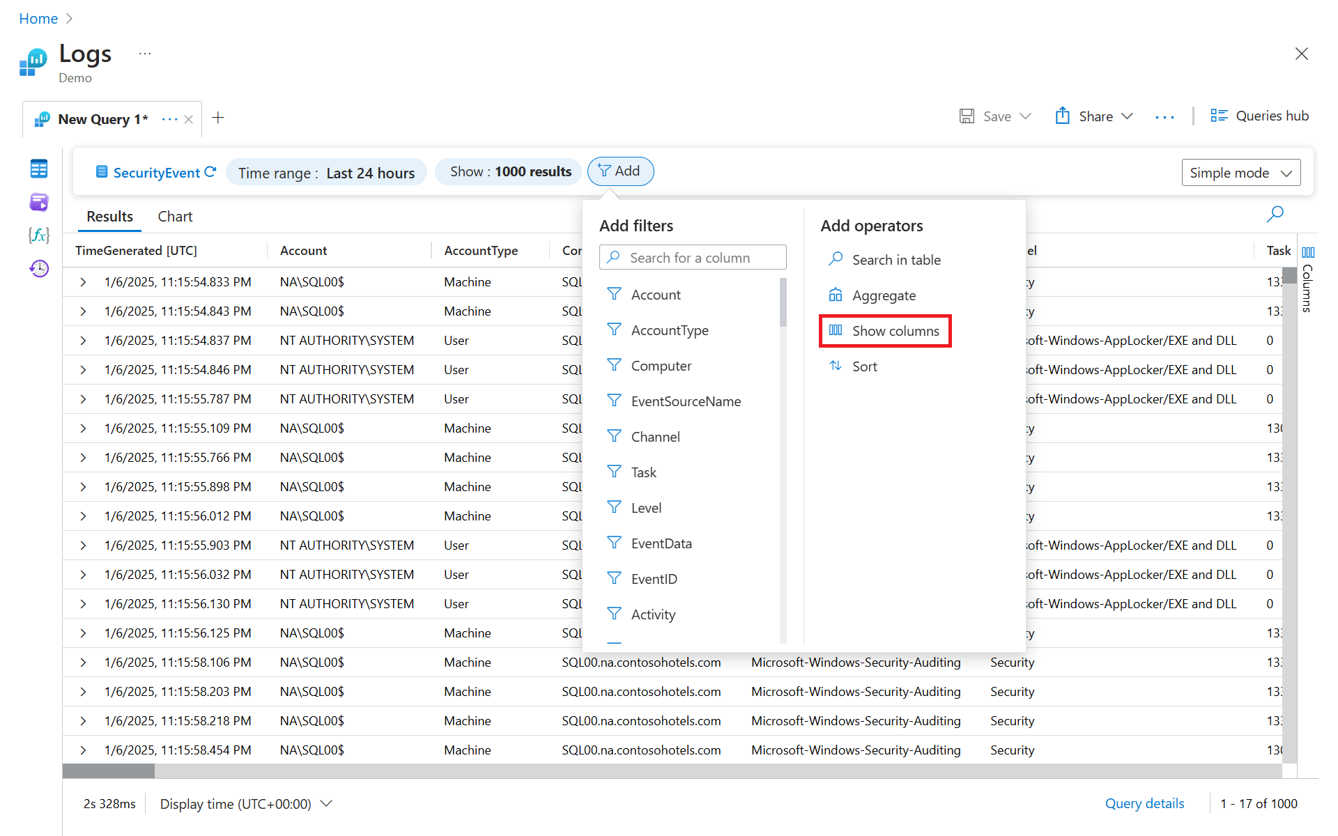 Screenshot shows the Add dropdown in simple mode with 'Show columns' highlighted.