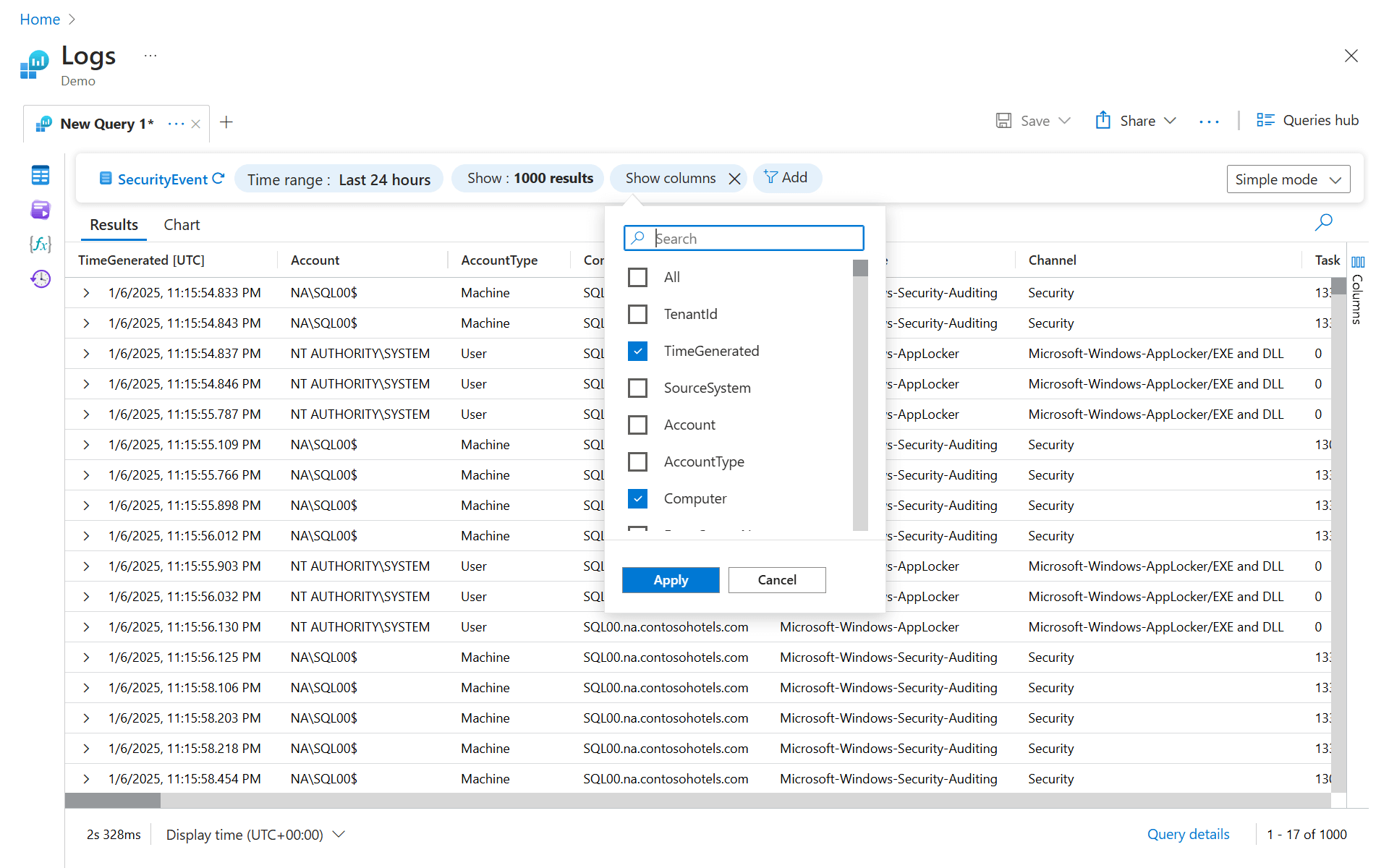 Screenshot that shows the 'Show columns' selector.
