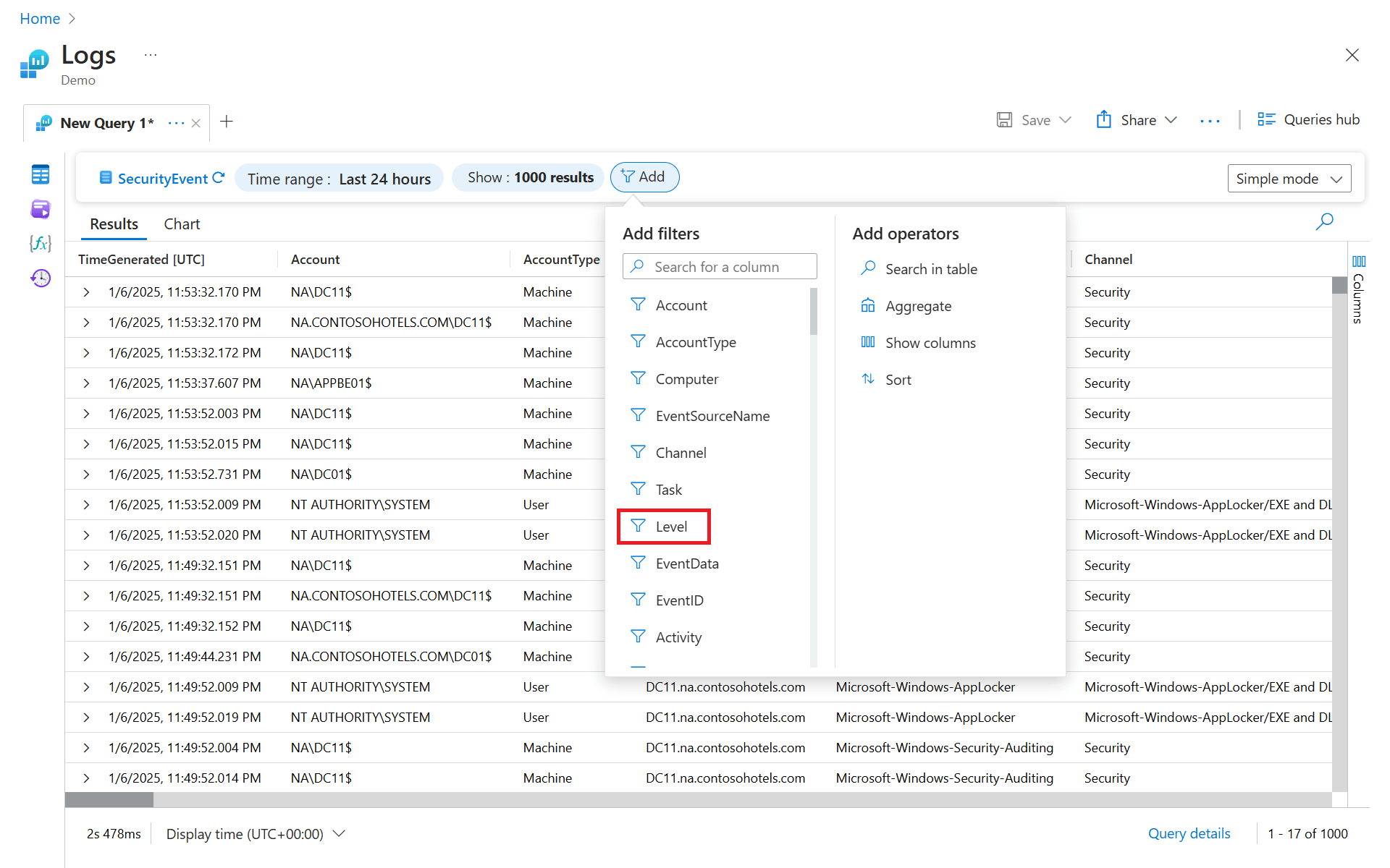 Screenshot that shows the Add filters menu that opens when you select Add in Log Analytics simple mode.