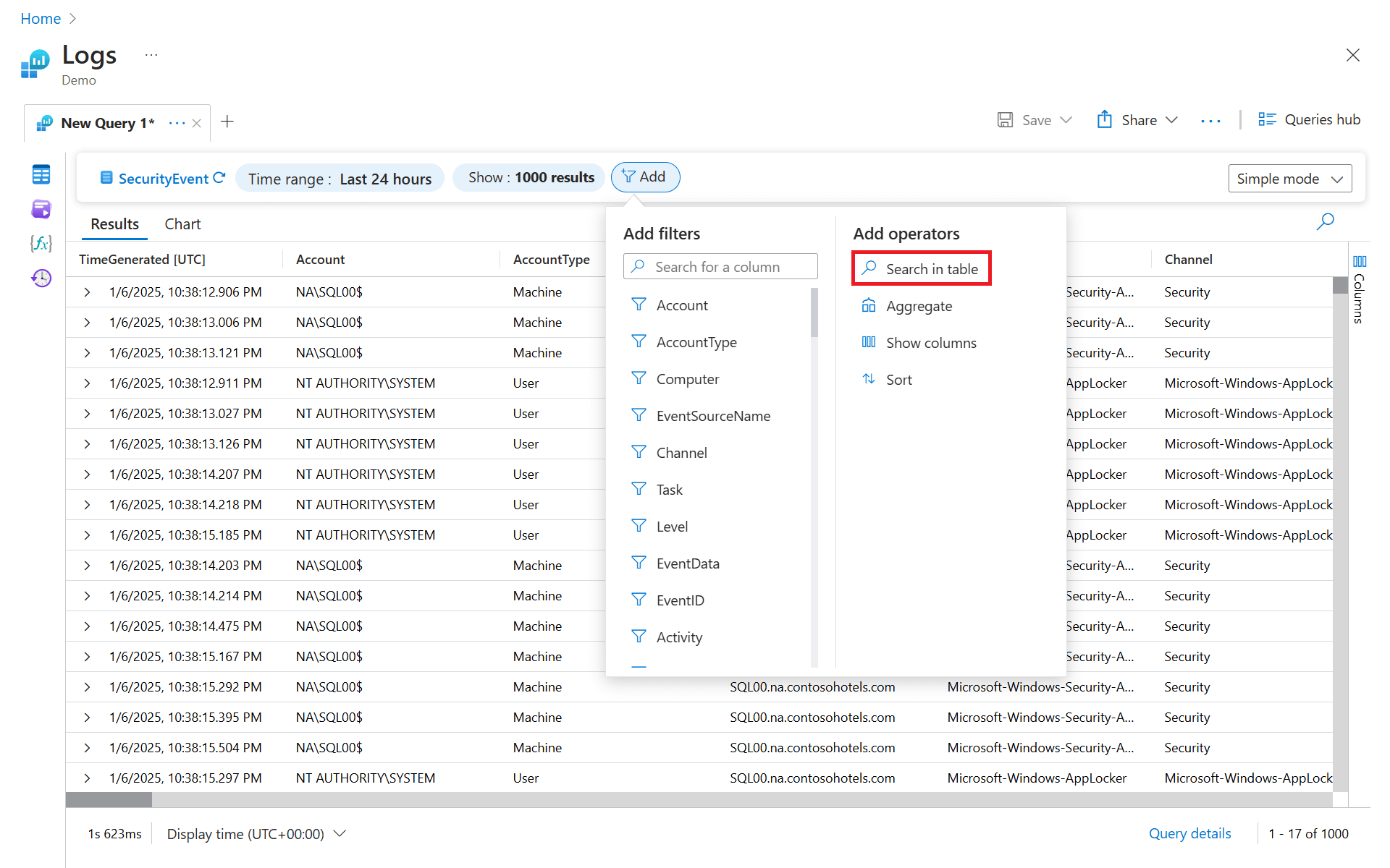 Screenshot shows the Add dropdown in simple mode with 'Search in table' highlighted.
