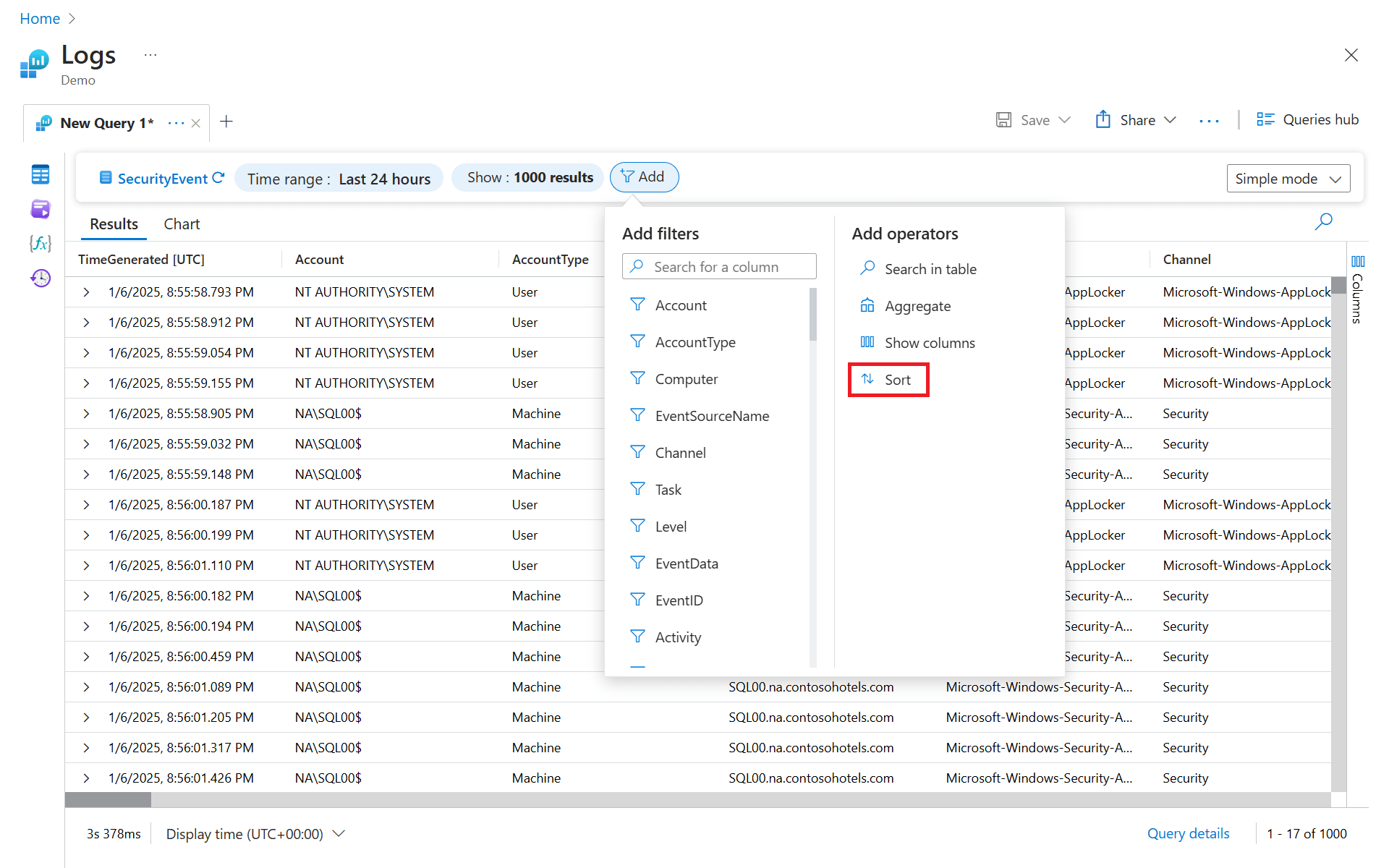 Screenshot shows the Add dropdown in simple mode with Sort highlighted.