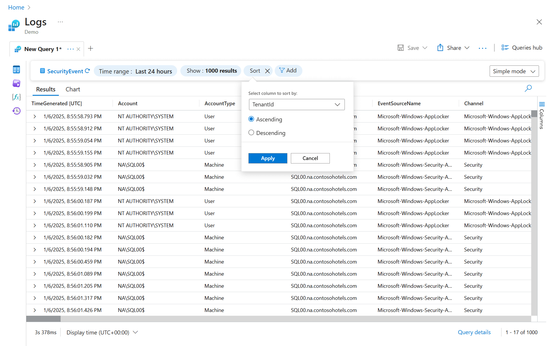 Screenshot shows the Sort field in simple mode.