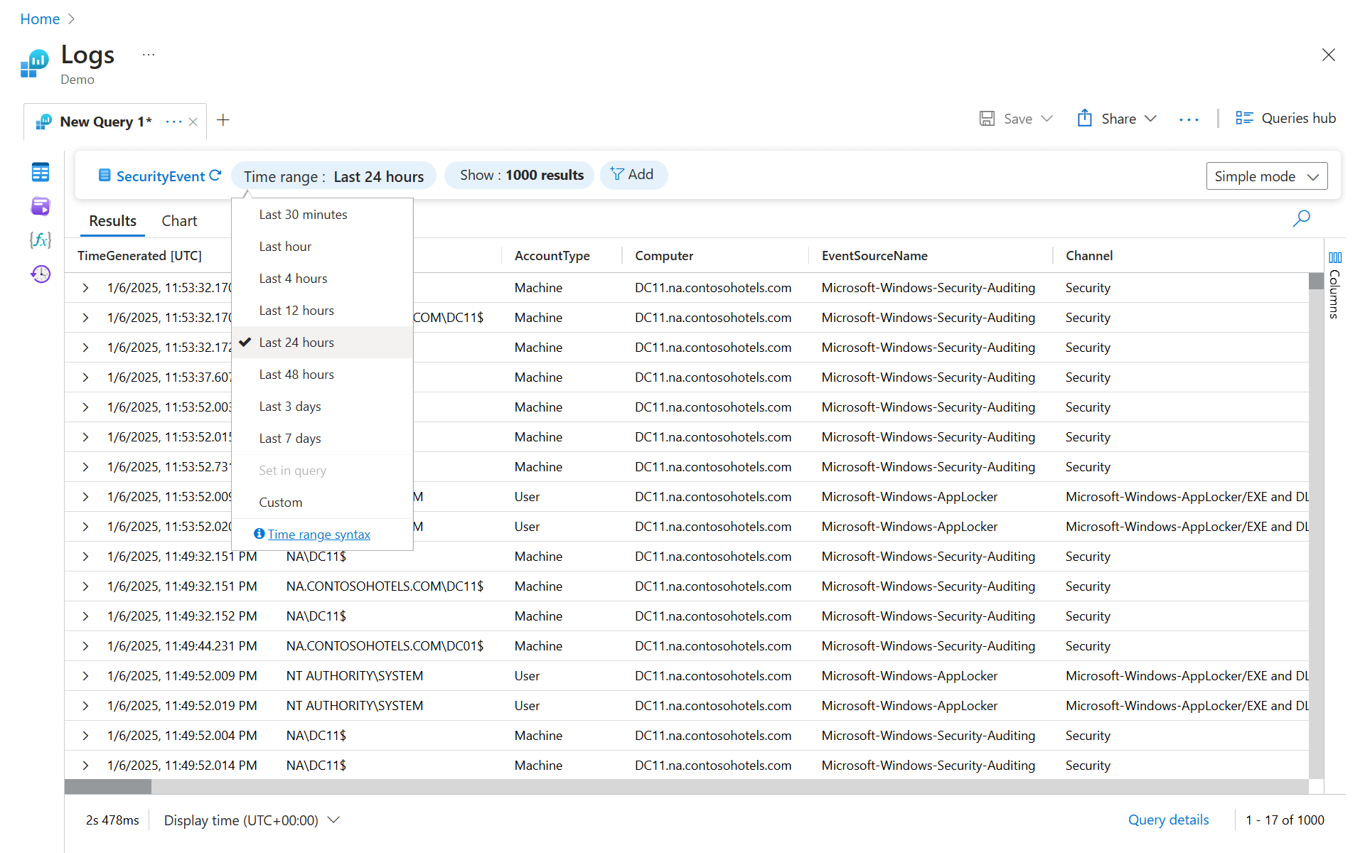 Screenshot that shows the time picker and its list of time-range commands in simple mode.