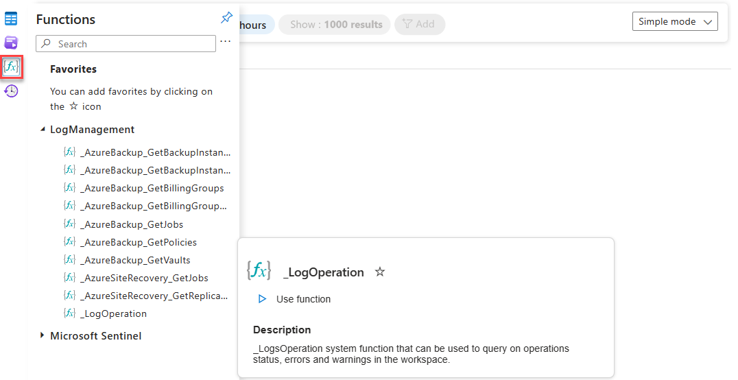 Screenshot that shows the functions tab in Log Analytics.