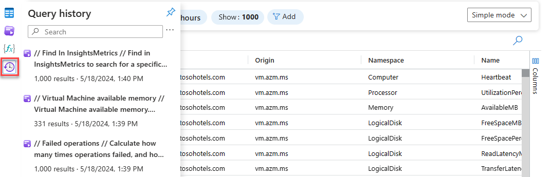 Screenshot that shows the query history in Log Analytics.
