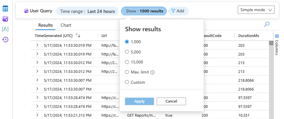 Screenshot that shows the limit results window in Log Analytics.