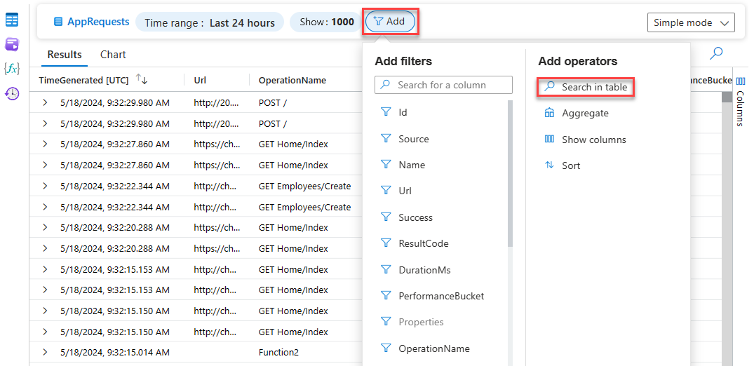Screenshot that shows the Search option in Log Analytics simple mode.