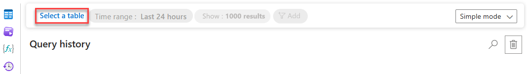 Screenshot that shows the Select a table button in Log Analytics.