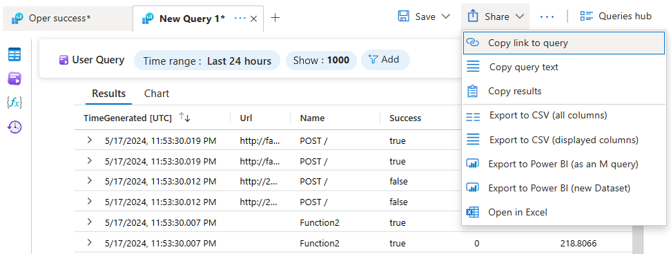 Screenshot that shows the Share window in Log Analytics.