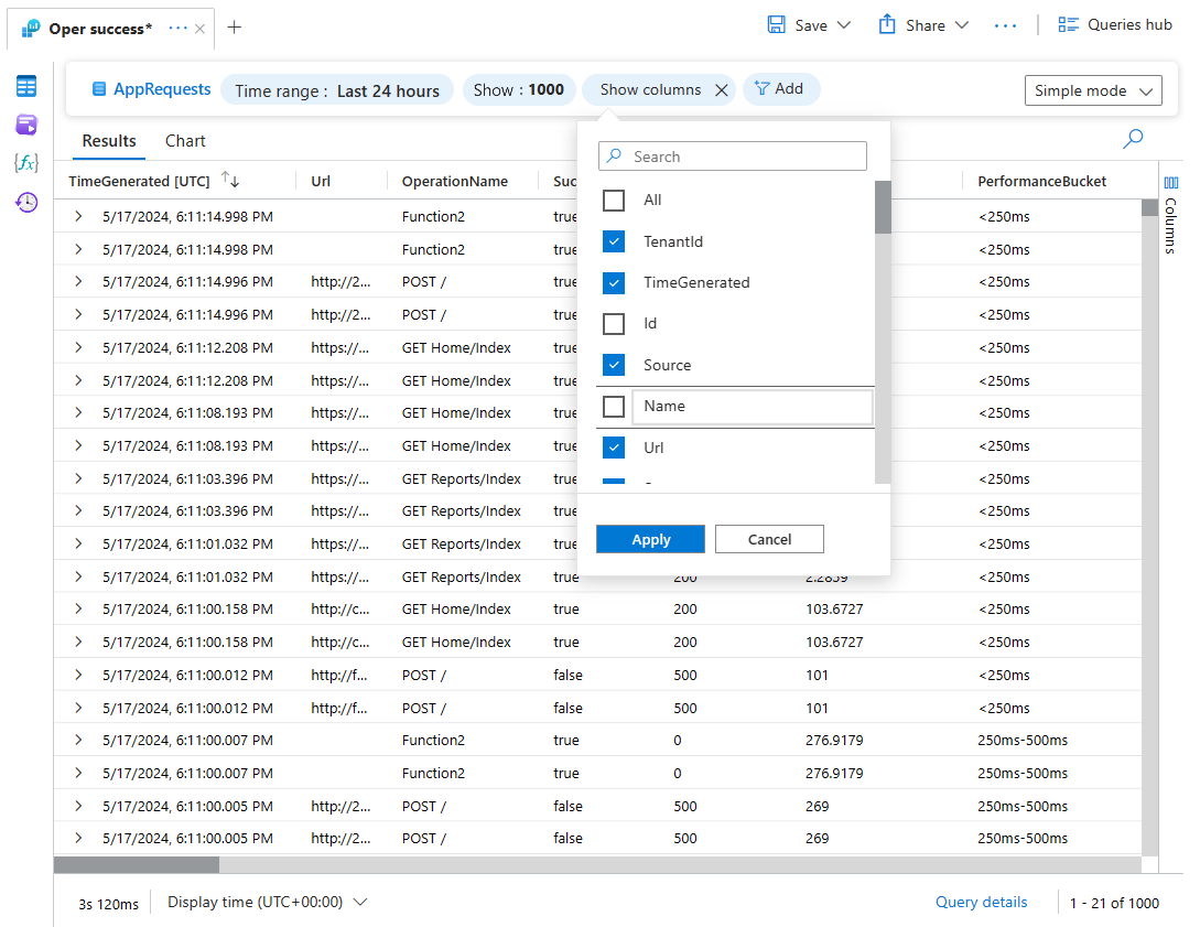 Screenshot that shows the Show columns window in Log Analytics.