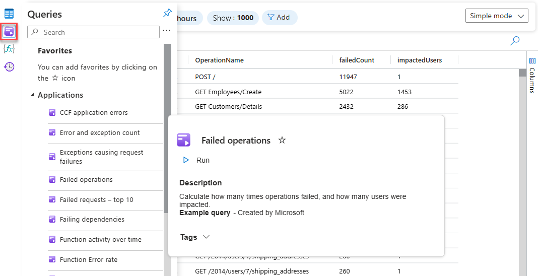 Screenshot that shows an example query in Log Analytics.
