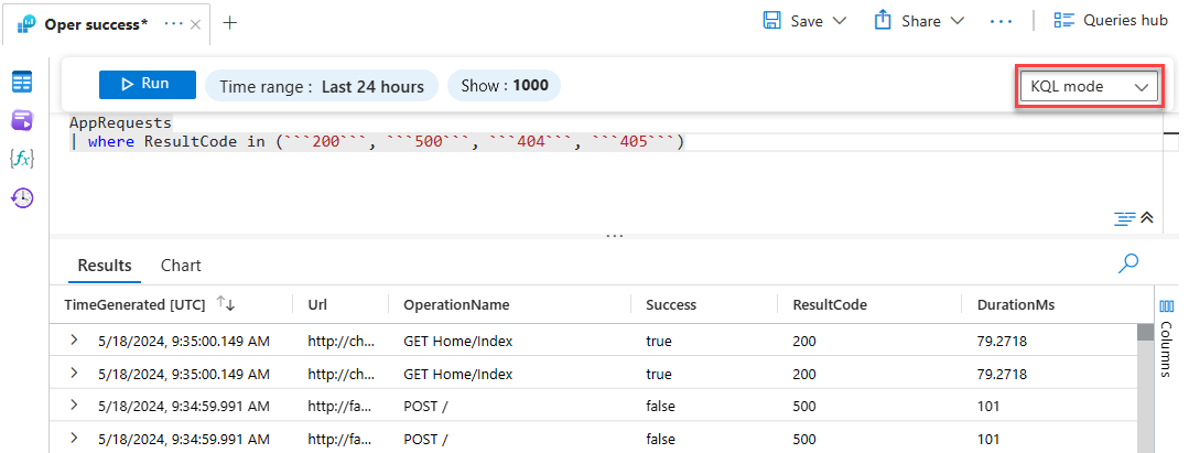 Screenshot that shows a query in Log Analytics KQL mode.