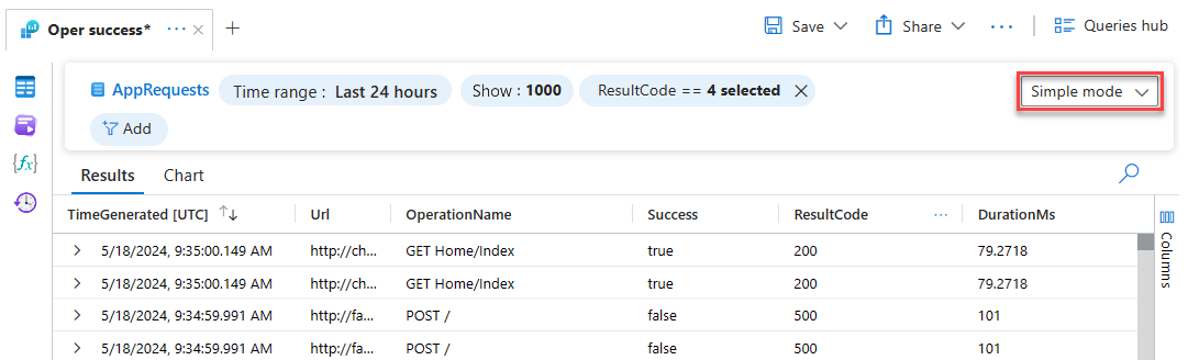 Screenshot that shows how to toggle between simple mode and KQL mode in Log Analytics.