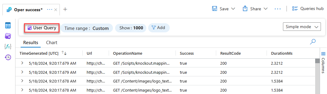 Screenshot that shows the User Query button, which lets you return to the query editor when you're in simple mode.