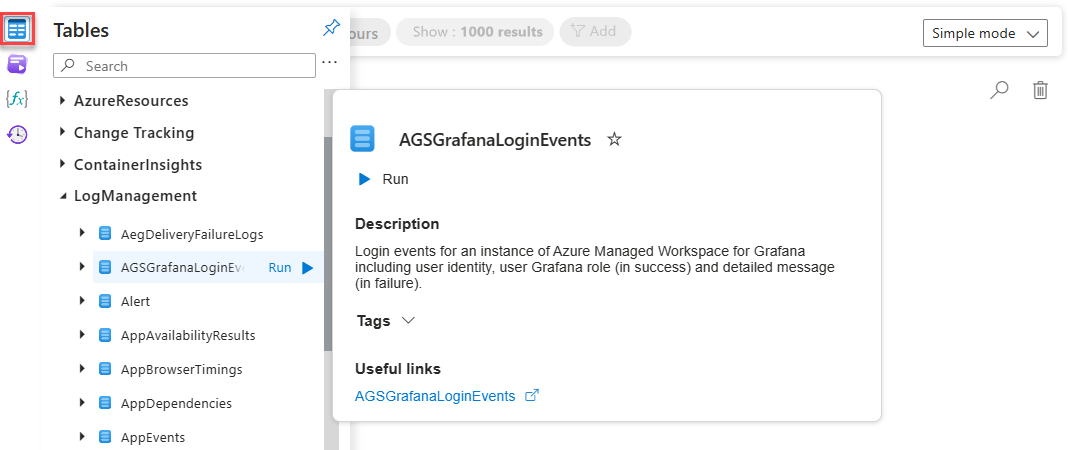 Screenshot that shows the Tables tab in Log Analytics.
