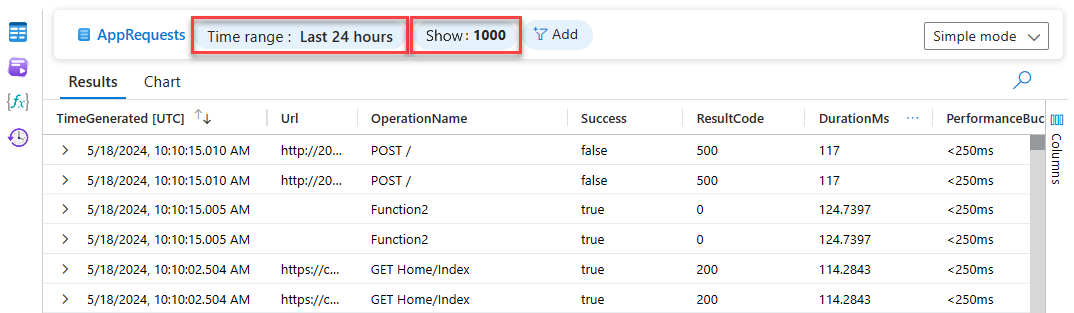 Screenshot that shows the time range and limit selectors in Log Analytics.