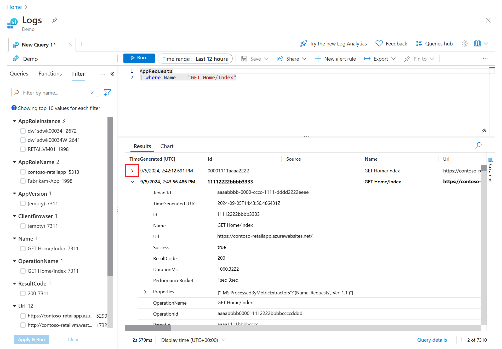 Screenshot that shows a record expanded in the search results.
