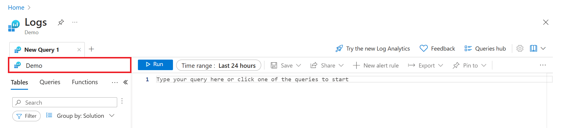 Screenshot that shows the Log Analytics scope for the demo.