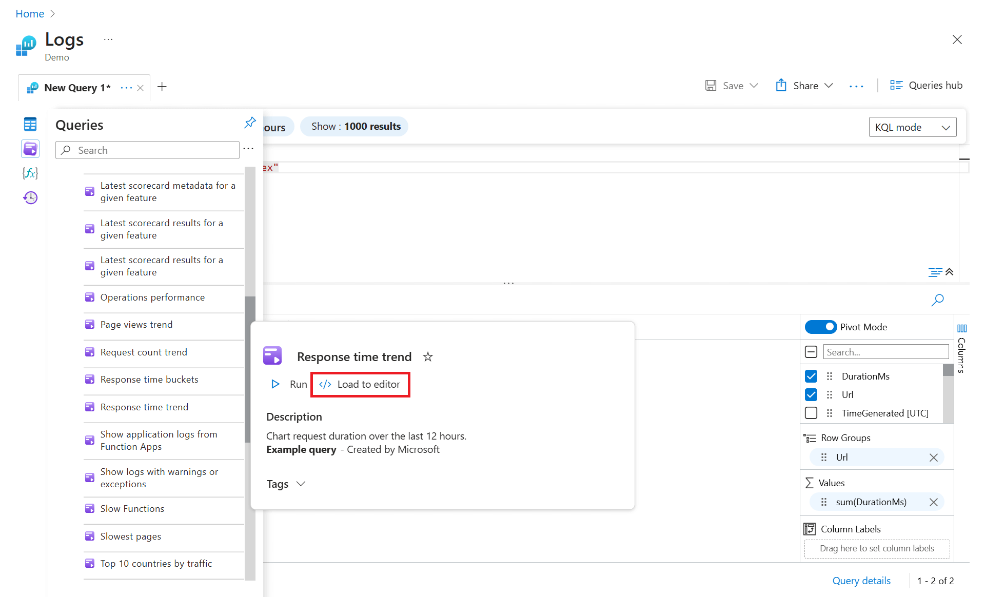 Screenshot that shows info about the query.