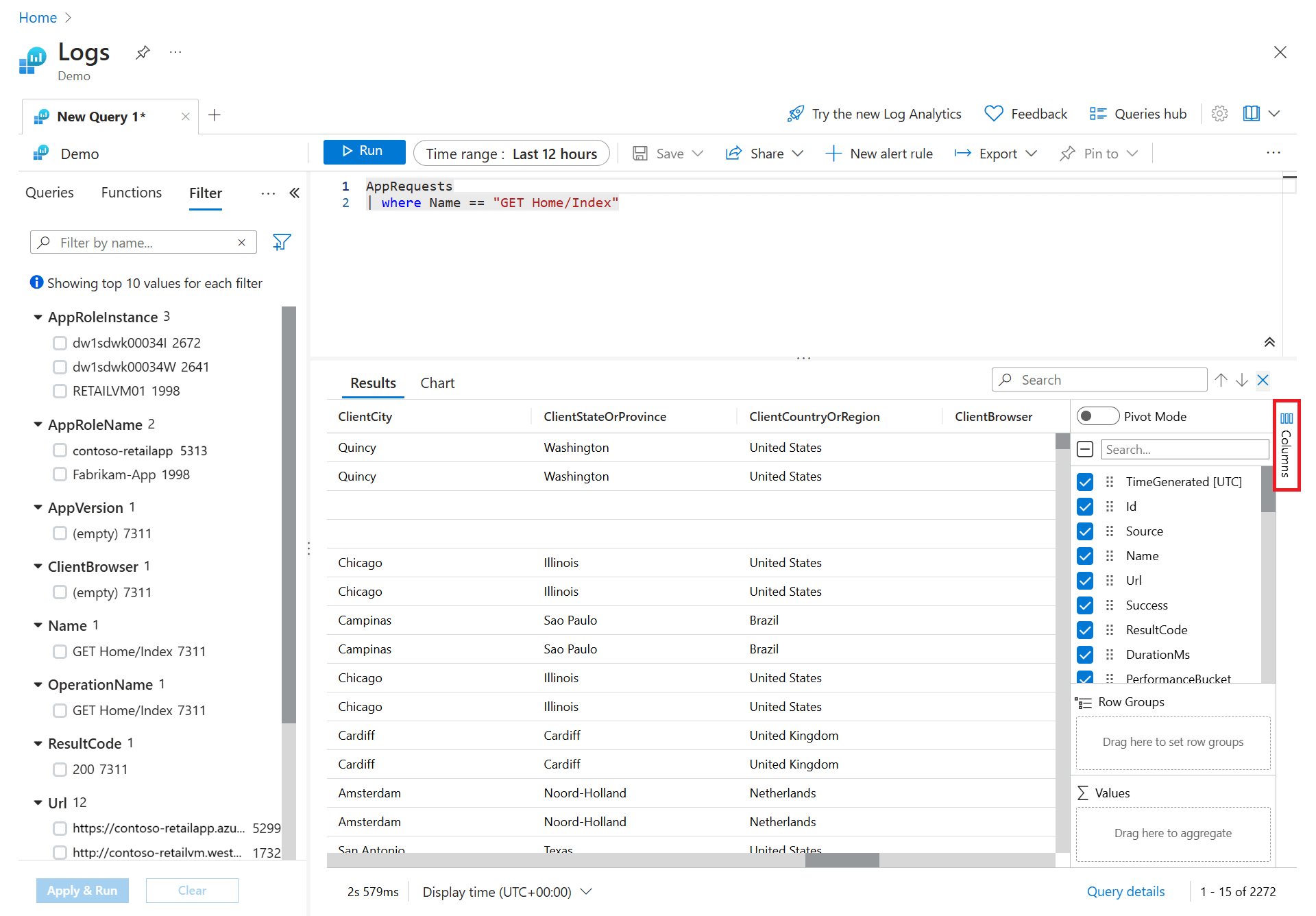 Screenshot that shows the Column link to the right of the results pane, which you select to open the Columns sidebar.