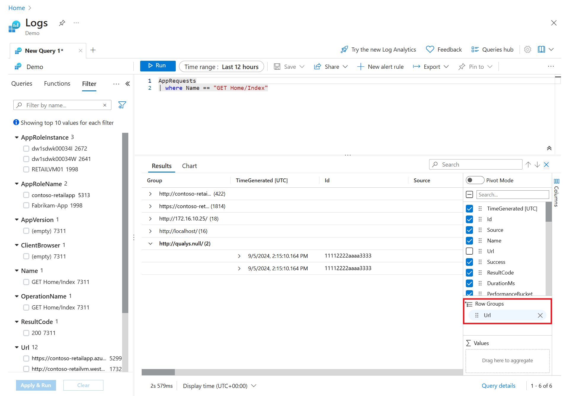 Screenshot that shows query results grouped by URL.