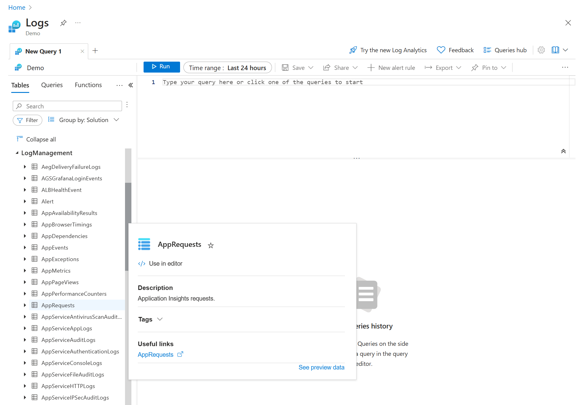Screenshot that shows the Tables view.
