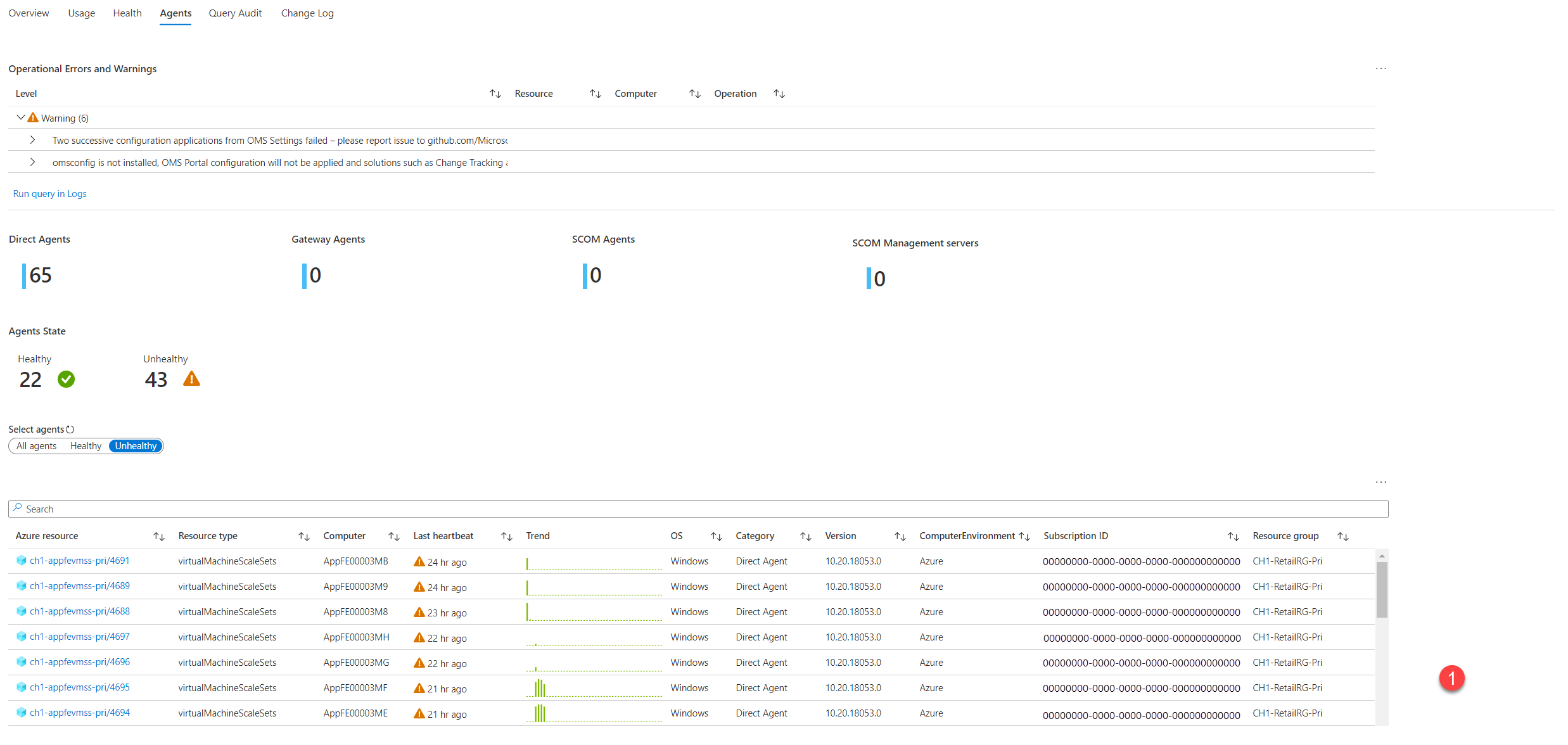 Screenshot that shows the workspace Agents tab.