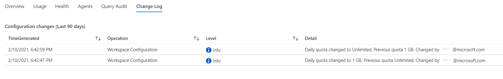 Screenshot that shows the workspace Change Log tab.