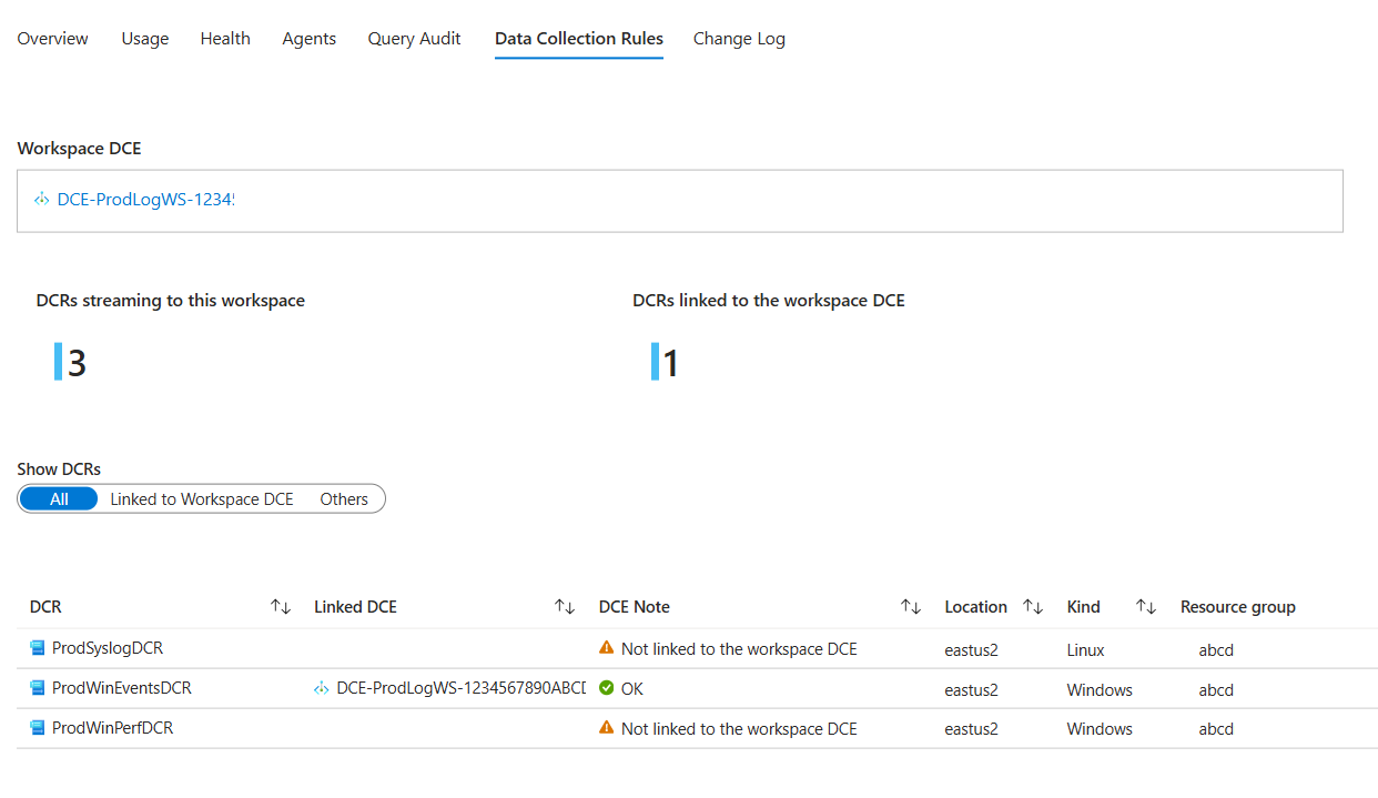 Screenshot that shows the workspace data collection rules tab.