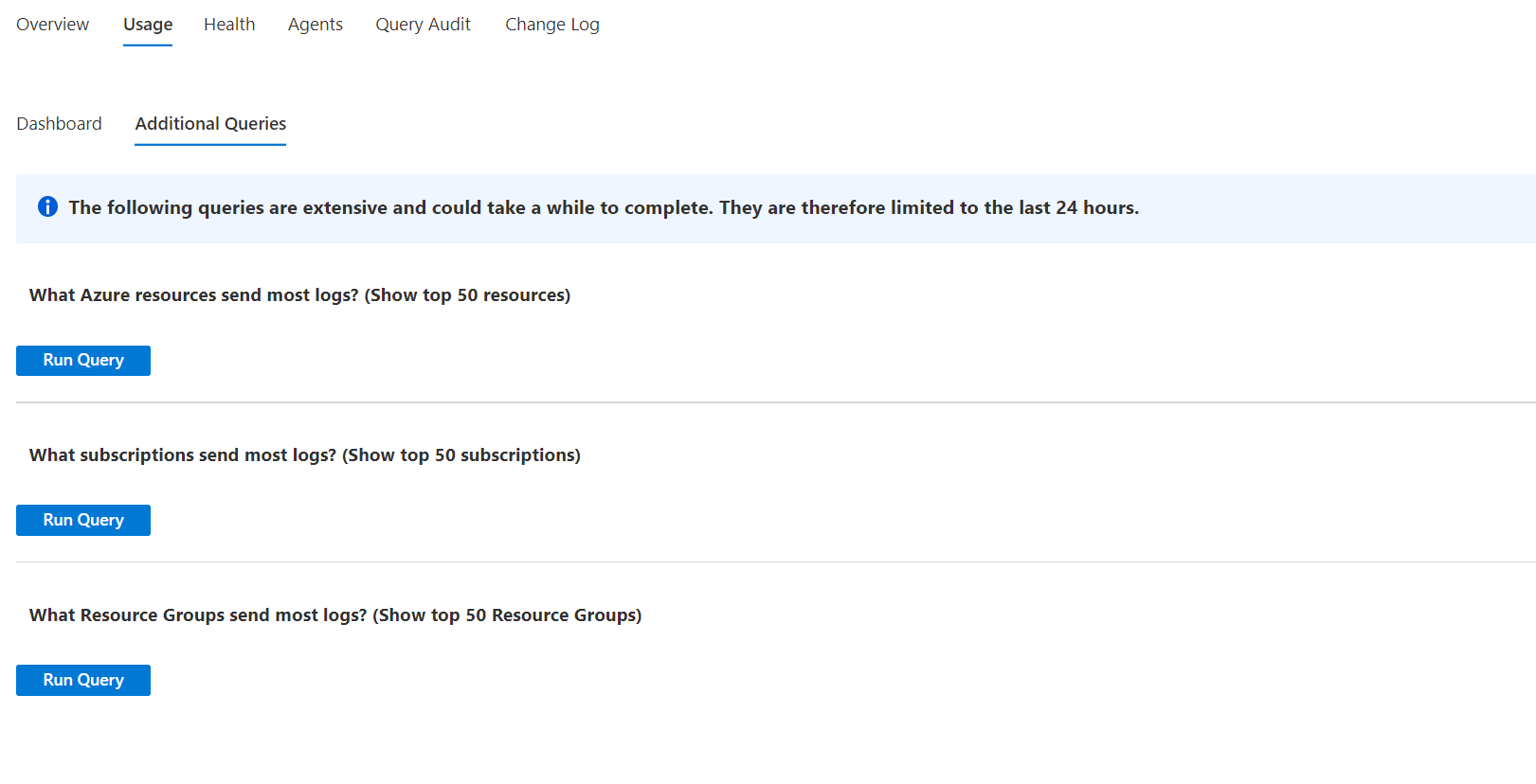Screenshot that shows the workspace Usage tab Additional Queries subtab.
