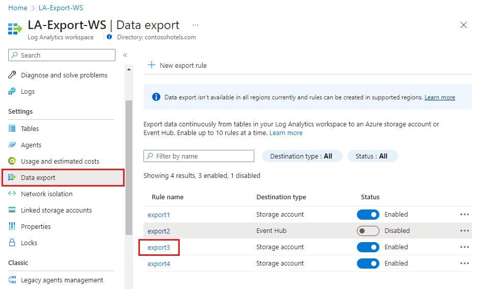 Screenshot that shows the Data Export screen.