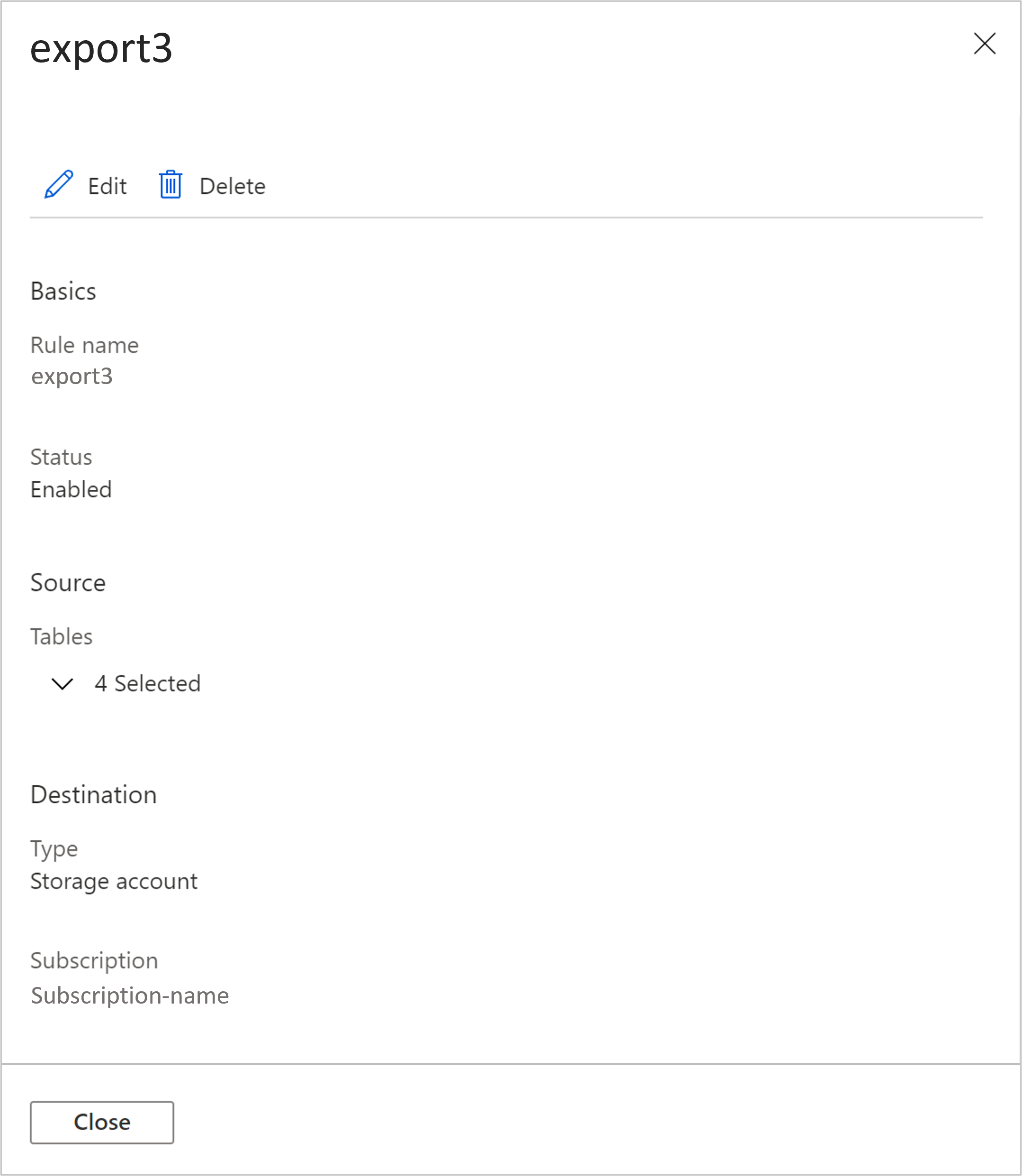 Screenshot of data export rule view.