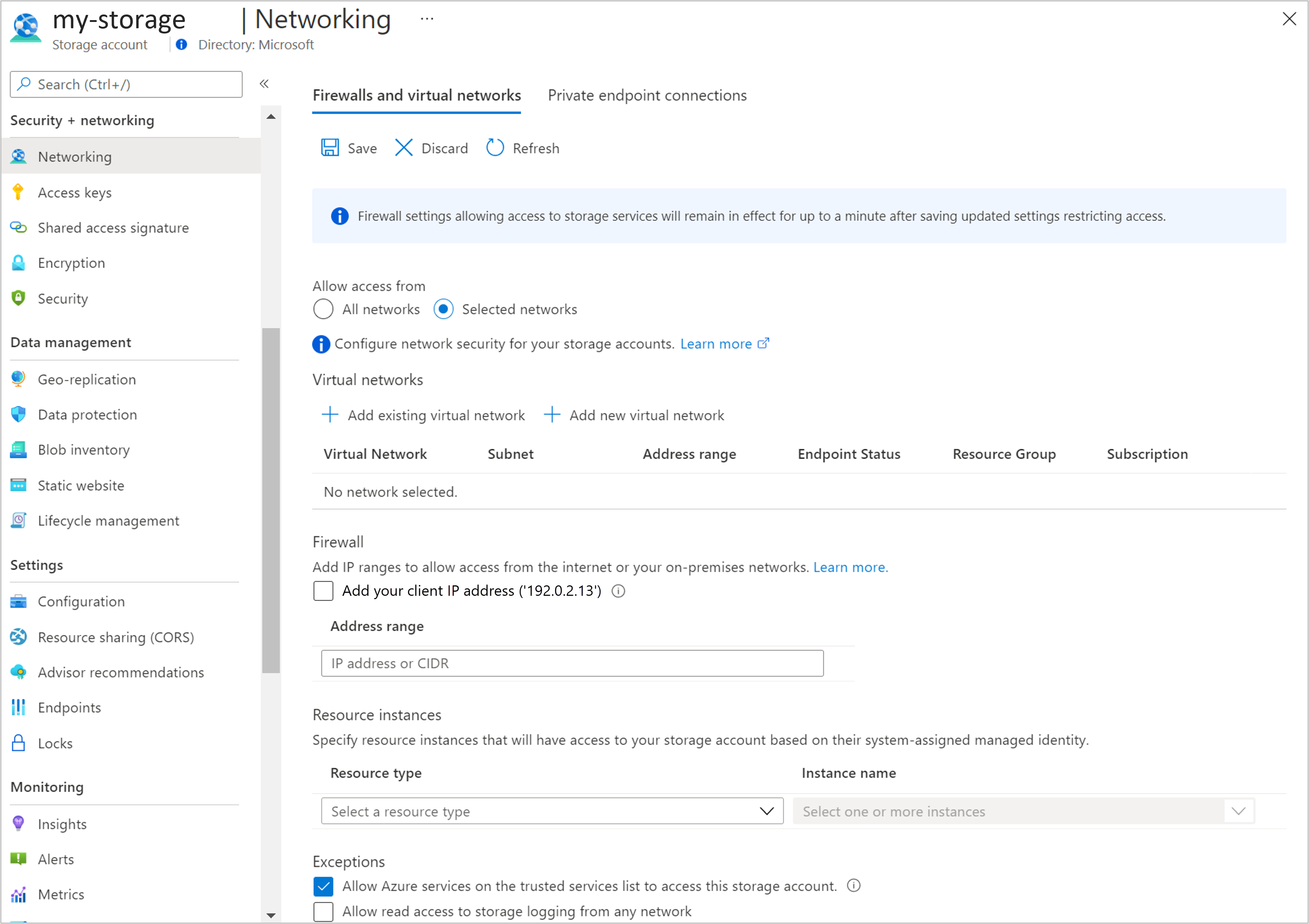 Screenshot that shows the option Allow Azure services on the trusted services list.