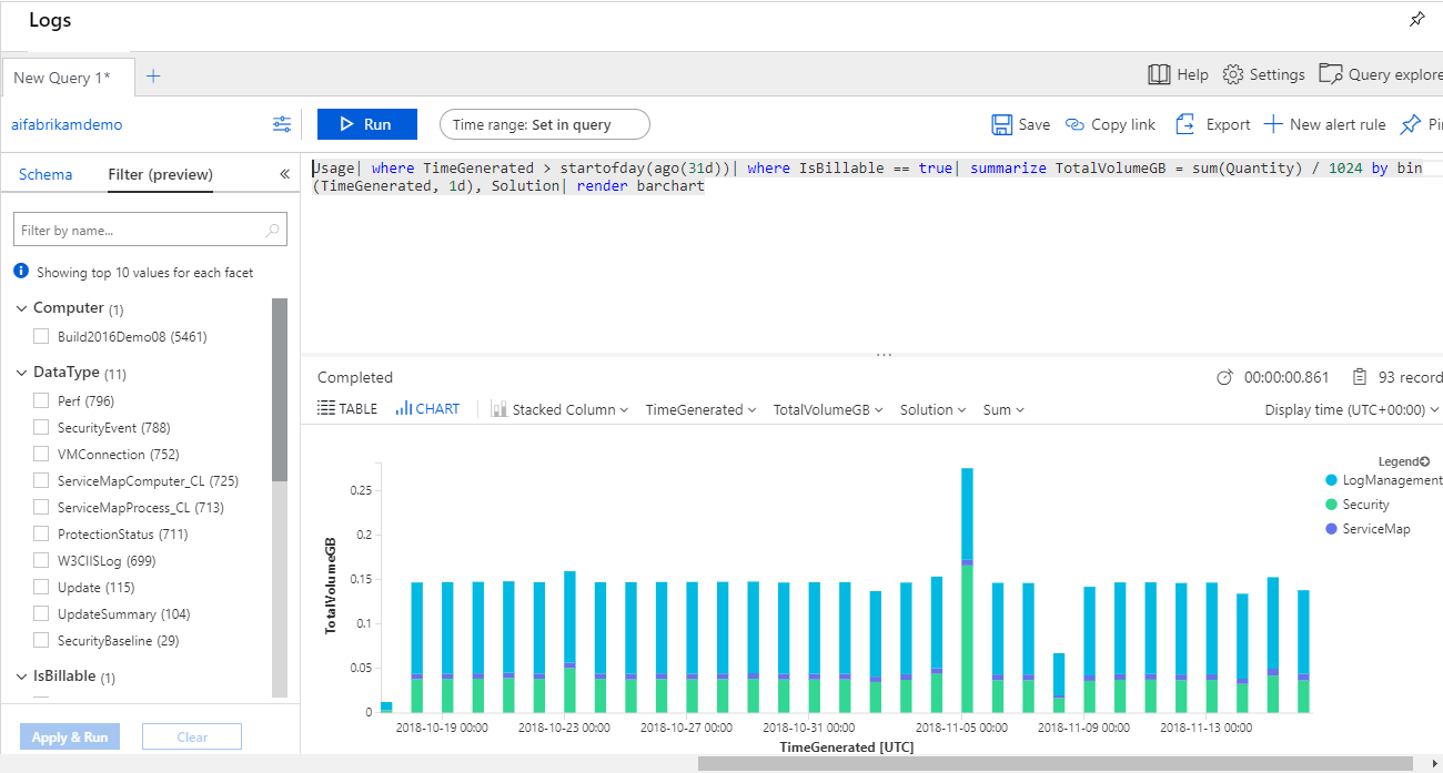 Screenshot of log query with Usage table in Log Analytics.