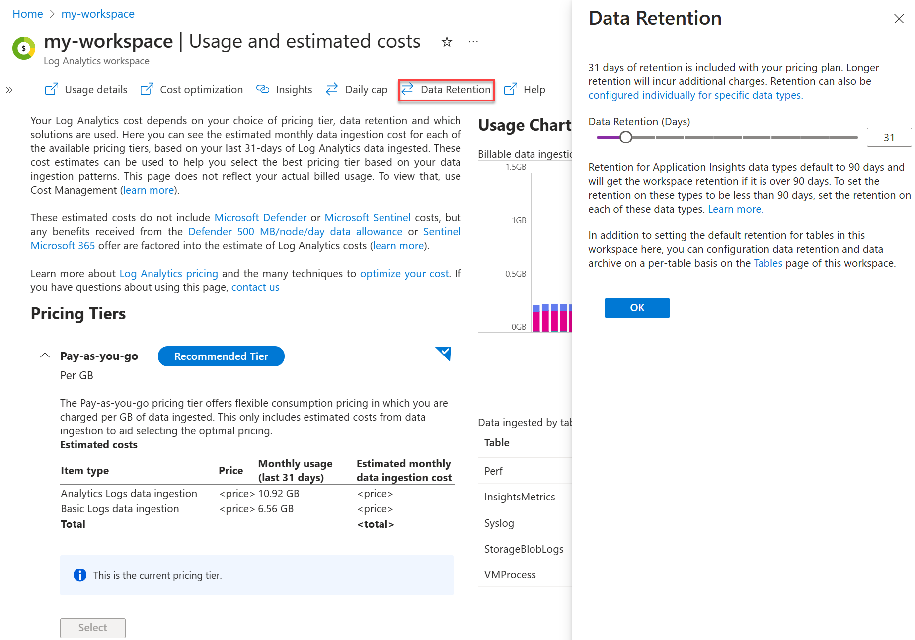 Screenshot that shows changing the workspace data retention setting.