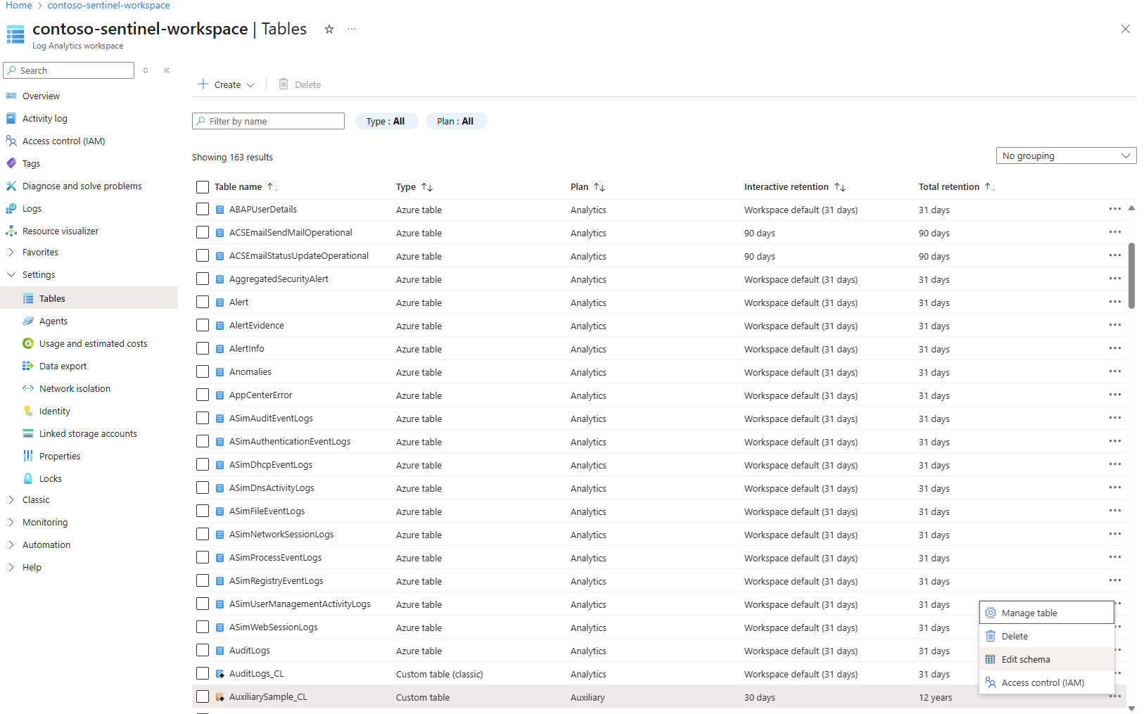 Screenshot that shows the Tables screen for a Log Analytics workspace.