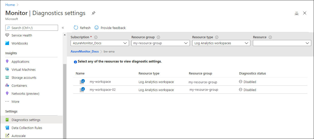 Screenshot of diagnostic settings Azure Monitor.