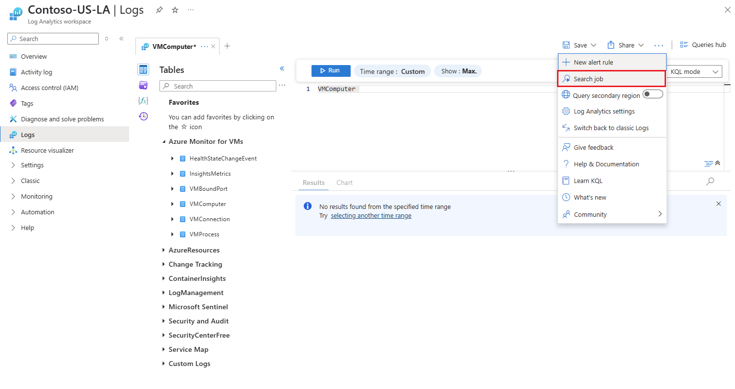 Screenshot of the Logs screen with the Search job menu item highlighted.