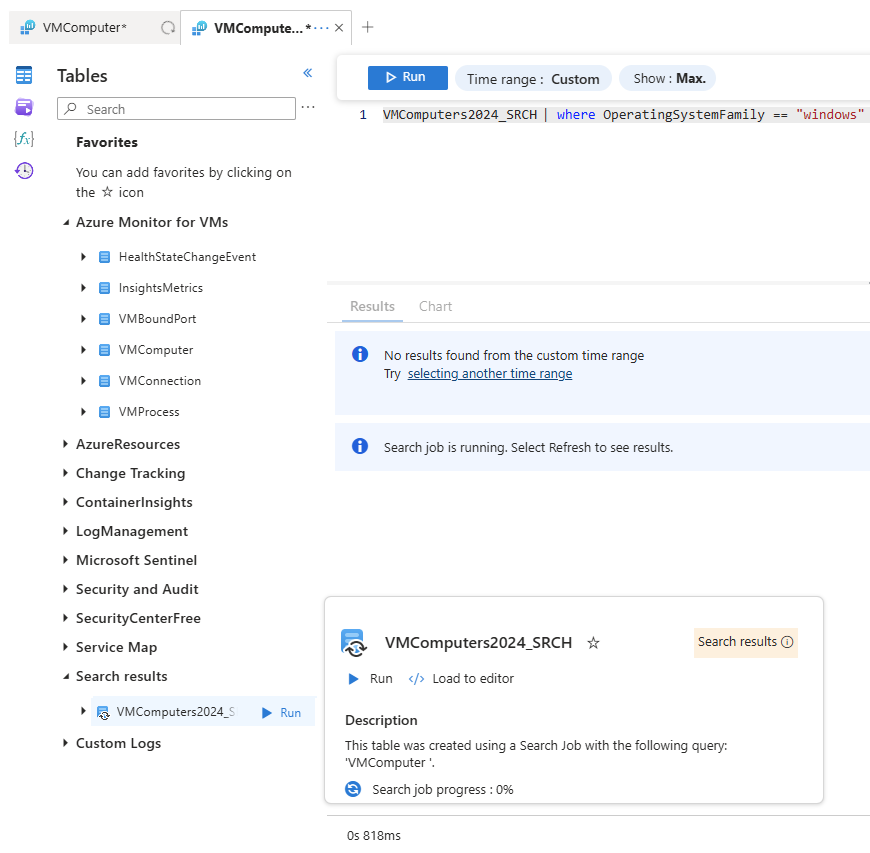Screenshot that shows the Tables tab on Logs screen in the Azure portal with the search results tables listed under Search results.