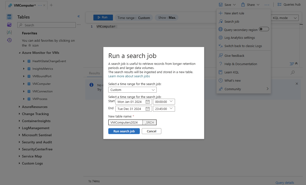 Screenshot that shows the search job interface prompting for time range and the search job results table.