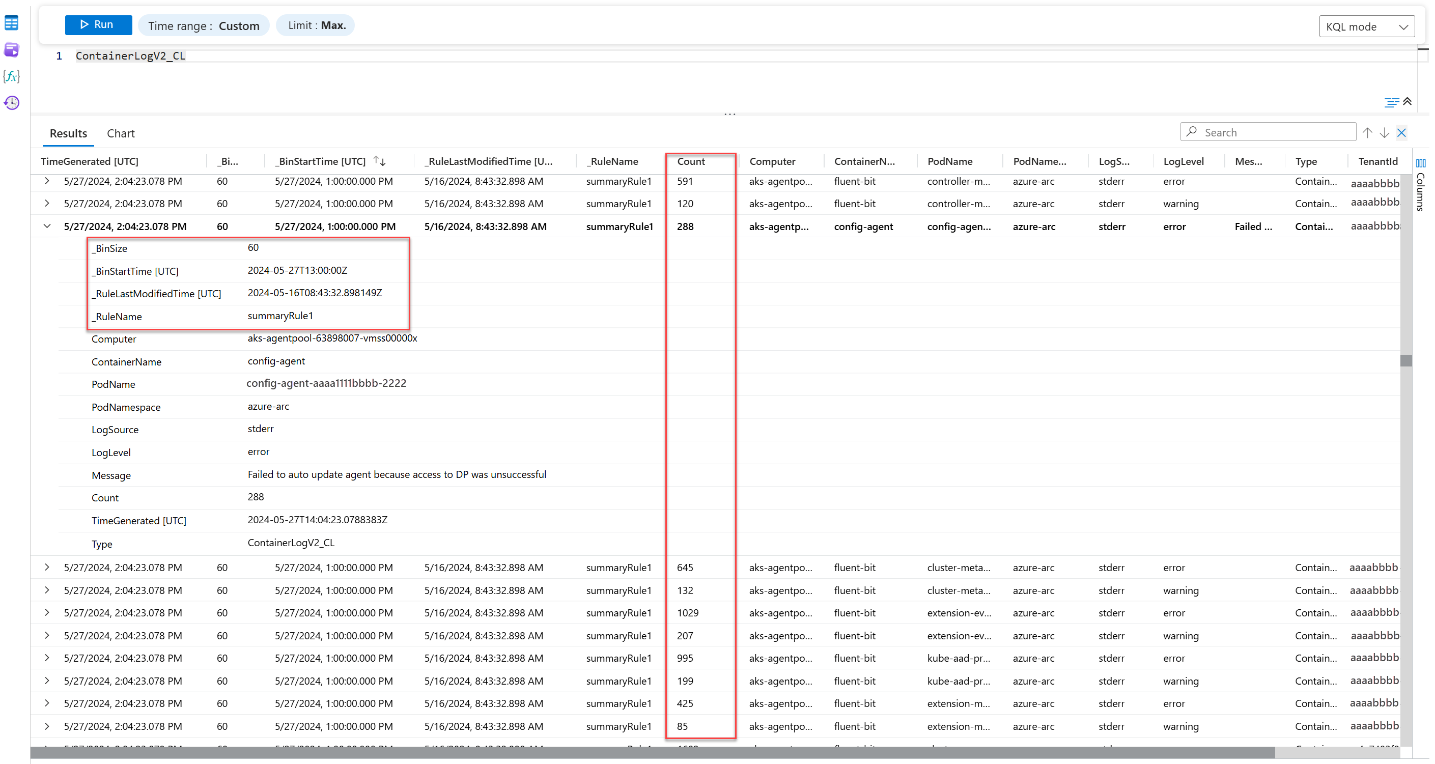 Screenshot that aggregated data that the summary rules sends to the destination table.