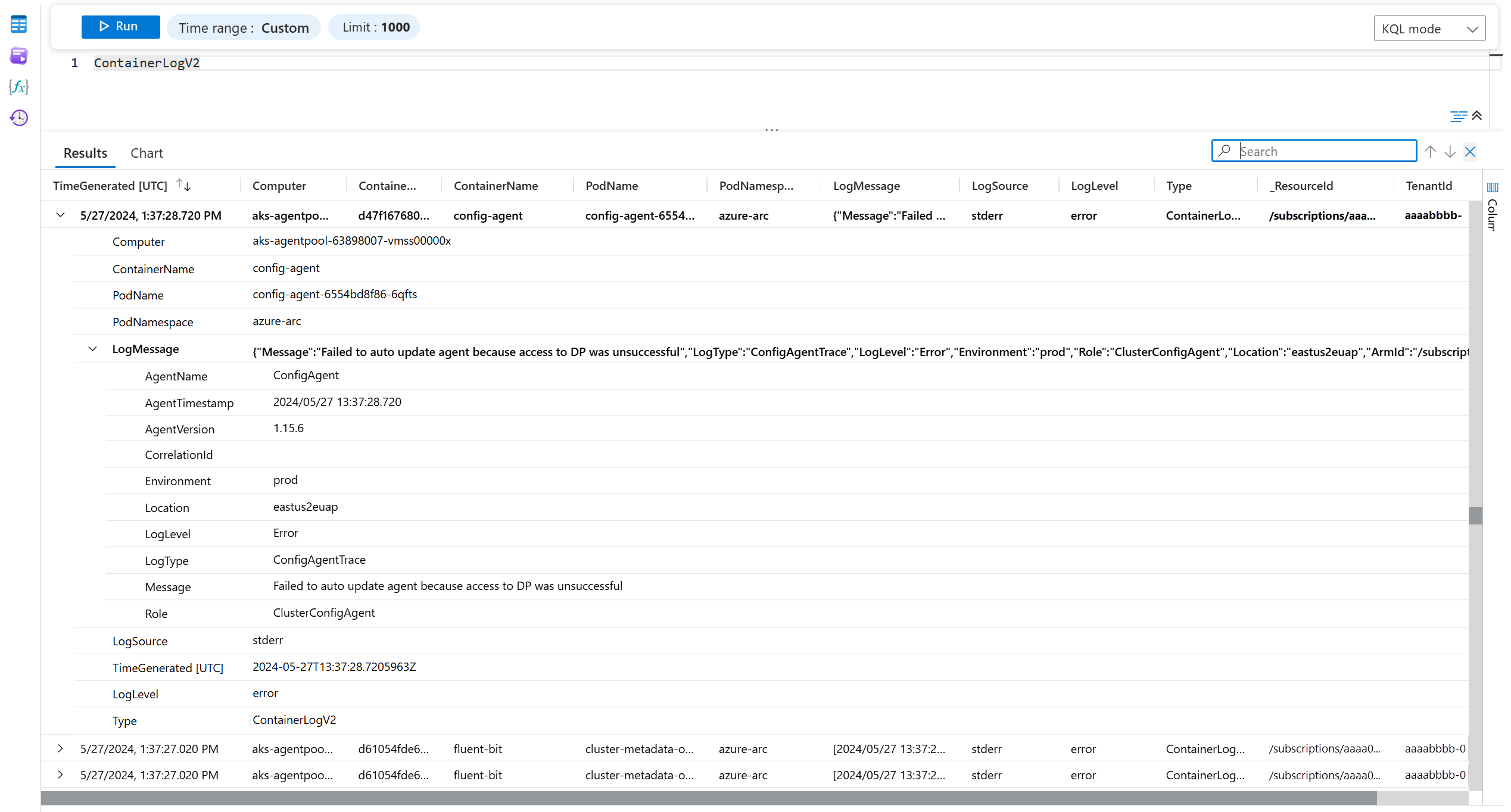 Screenshot that shows raw log data in the ContainerLogsV2 table.