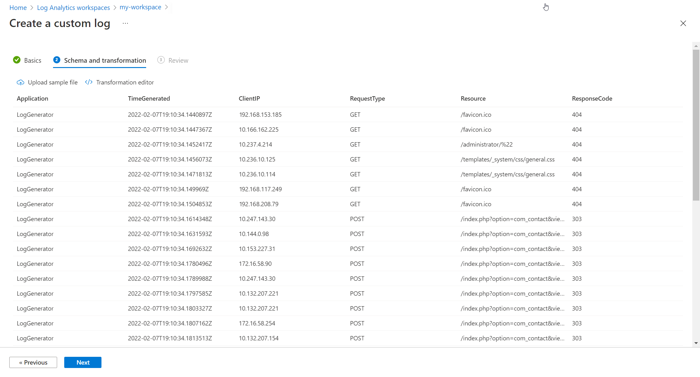 Screenshot showing custom log final schema.