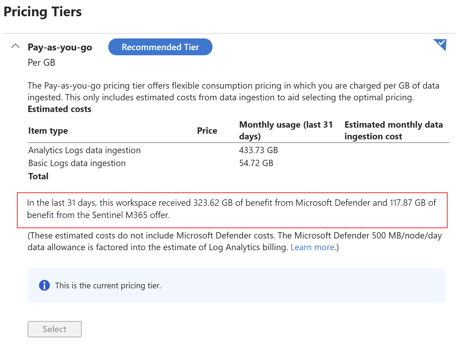 Screenshot of monthly usage with benefits from Defender and Sentinel offers.